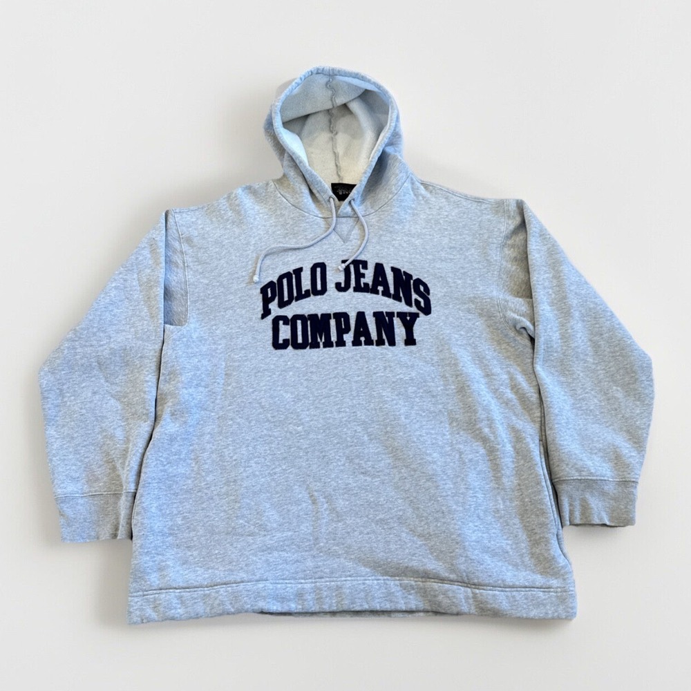 Polo‎ Jeans Hoodie Mens L Gray Embroidered Logo Sweatshirt Vtg Y2K Vintage